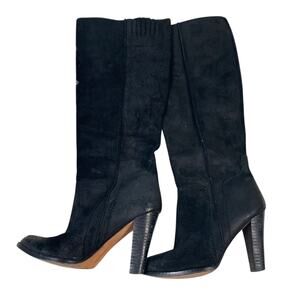 Vintage Dani Black Suede Boots Heels sz 7.5 Distressed # Bag F-28